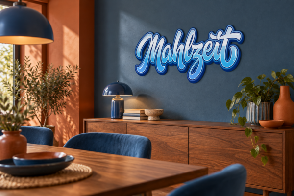 Mahlzeit Konturschild in Wohnzimmer: blue and terracotta dining area, walnut sideboard, 500 × 228 mm, acryl