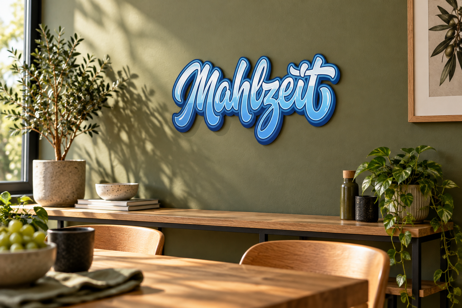 Mahlzeit Konturschild in Büro: staff dining nook, olive wall and oak table, 500 × 228 mm, dibond