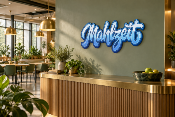Mahlzeit Konturschild in Empfangshalle: stylish workplace canteen reception, sage green and brass, 900 × 410 mm, acryl