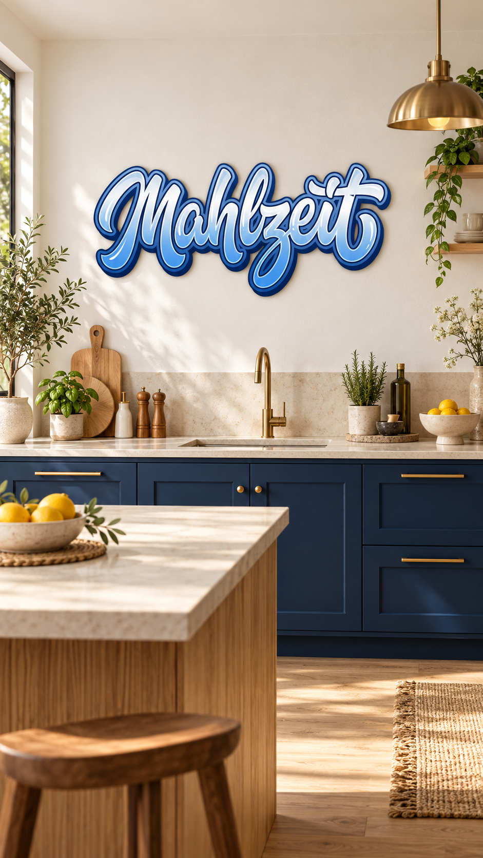 Mahlzeit Konturschild, 900 × 410 mm aus Dibond, in stylischer dunkelblauer Küche im Hochformat