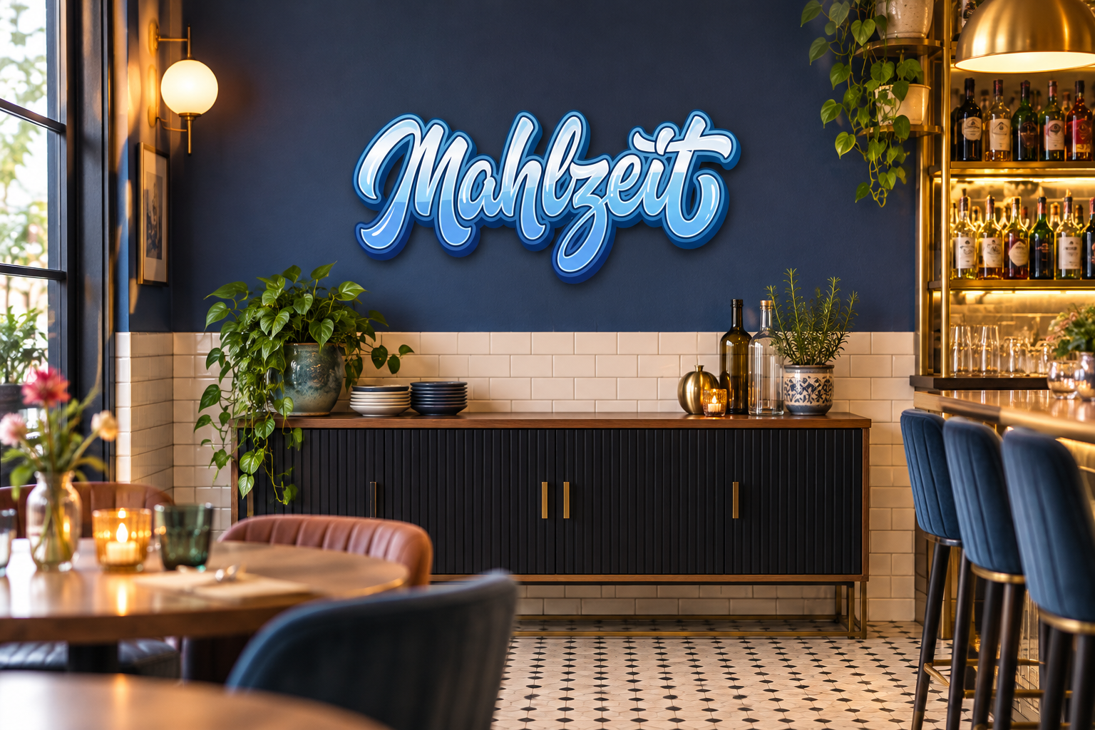 Mahlzeit Konturschild in Bar: colourful modern bistro bar, cream tile and navy wall, 900 × 410 mm, dibond