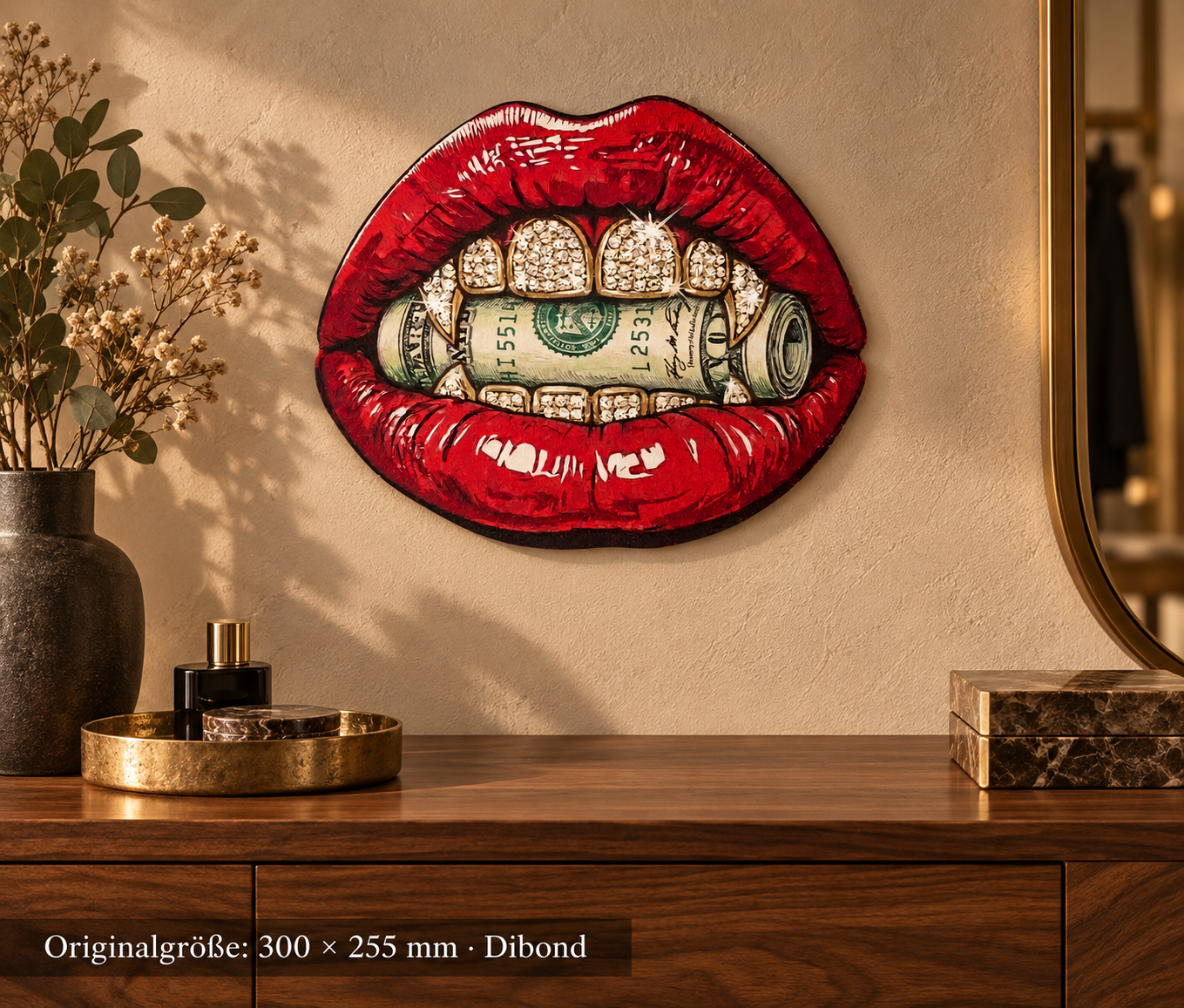 Moneymouth-with-Dimonds, 300 × 255 mm, Dibond, Nahansicht im Raum