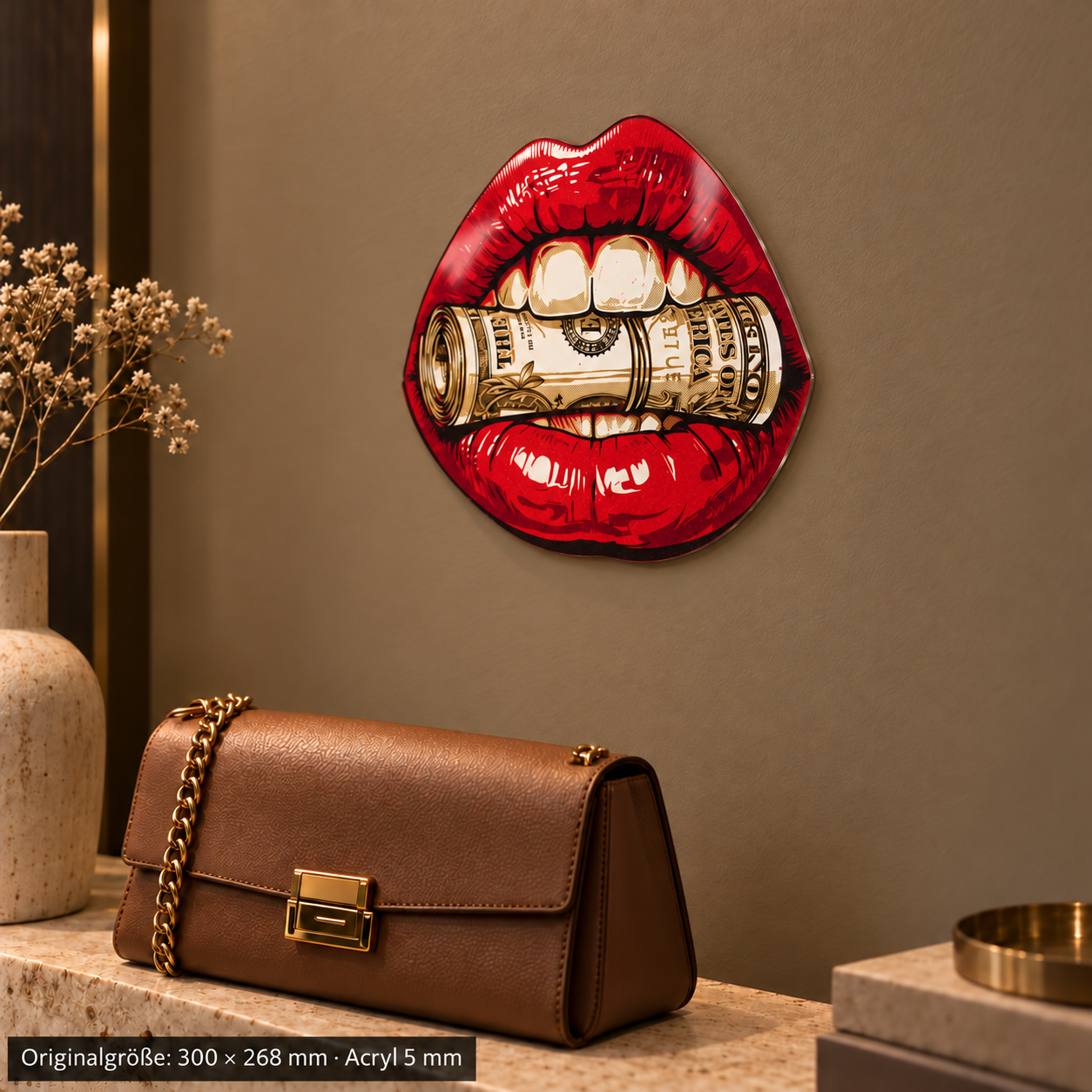 Moneymouth 300 × 268 mm · Acryl 5 mm · rechts-35-closeup · dünnere Kante – Boutique