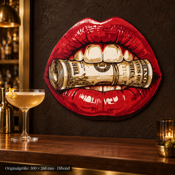 Moneymouth 300 × 268 mm Dibond – frontal-closeup als konturgeschnittenes Wandmotiv in einer Bar