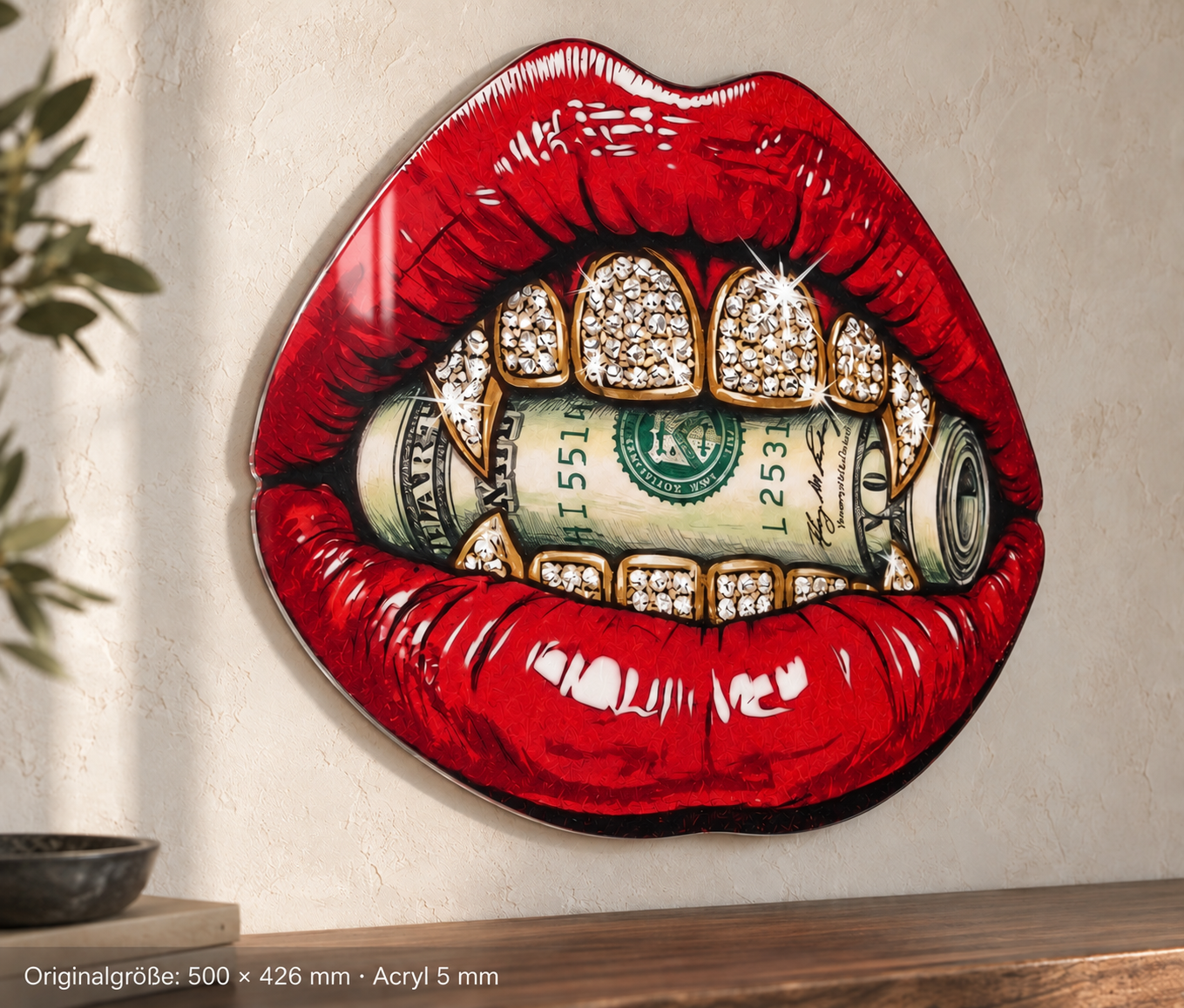 Moneymouth-with-Dimonds · 500 × 426 mm · Acryl 5 mm · Close-up von links