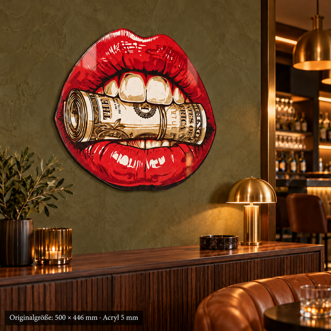 Moneymouth 500 × 446 mm · Acryl 5 mm · rechts-35-mittel · dünnere Kante – Bar