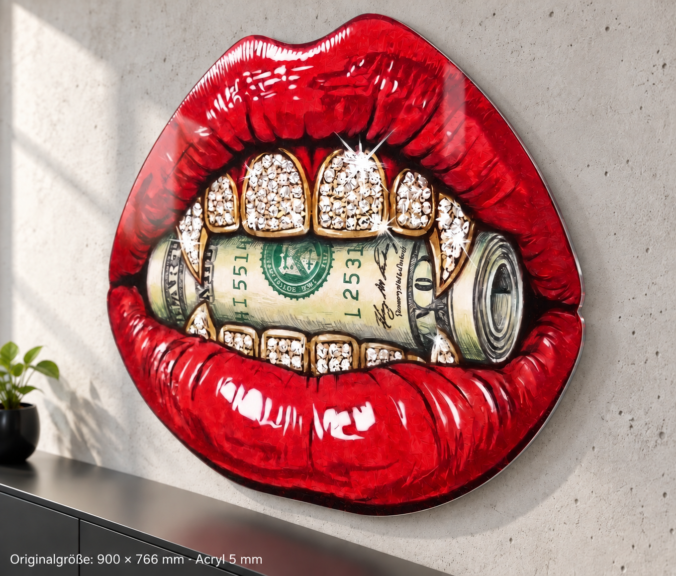 Moneymouth-with-Dimonds · 900 × 766 mm · Acryl 5 mm · Close-up von rechts