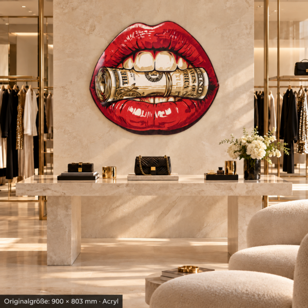 Moneymouth 900 × 803 mm Acryl – frontal-totale als konturgeschnittenes Wandmotiv in einer Boutique