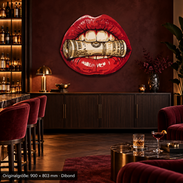 Moneymouth 900 × 803 mm Dibond – frontal-totale als konturgeschnittenes Wandmotiv in einer Bar