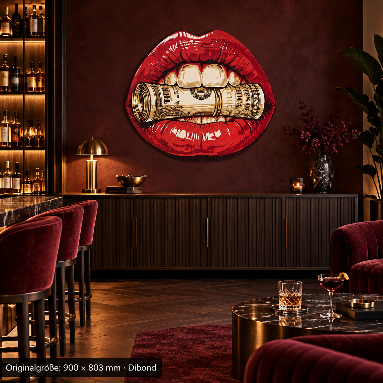 Moneymouth 900 × 803 mm Dibond – frontal-totale als konturgeschnittenes Wandmotiv in einer Bar