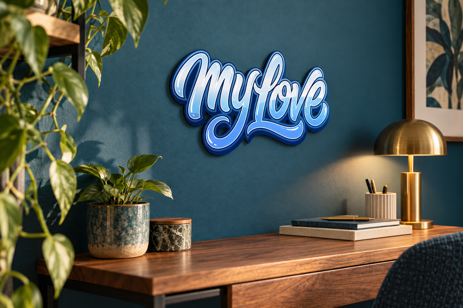 my-Love Konturschild in Büro: inviting private studio nook, petrol wall, 300 × 161 mm, acryl