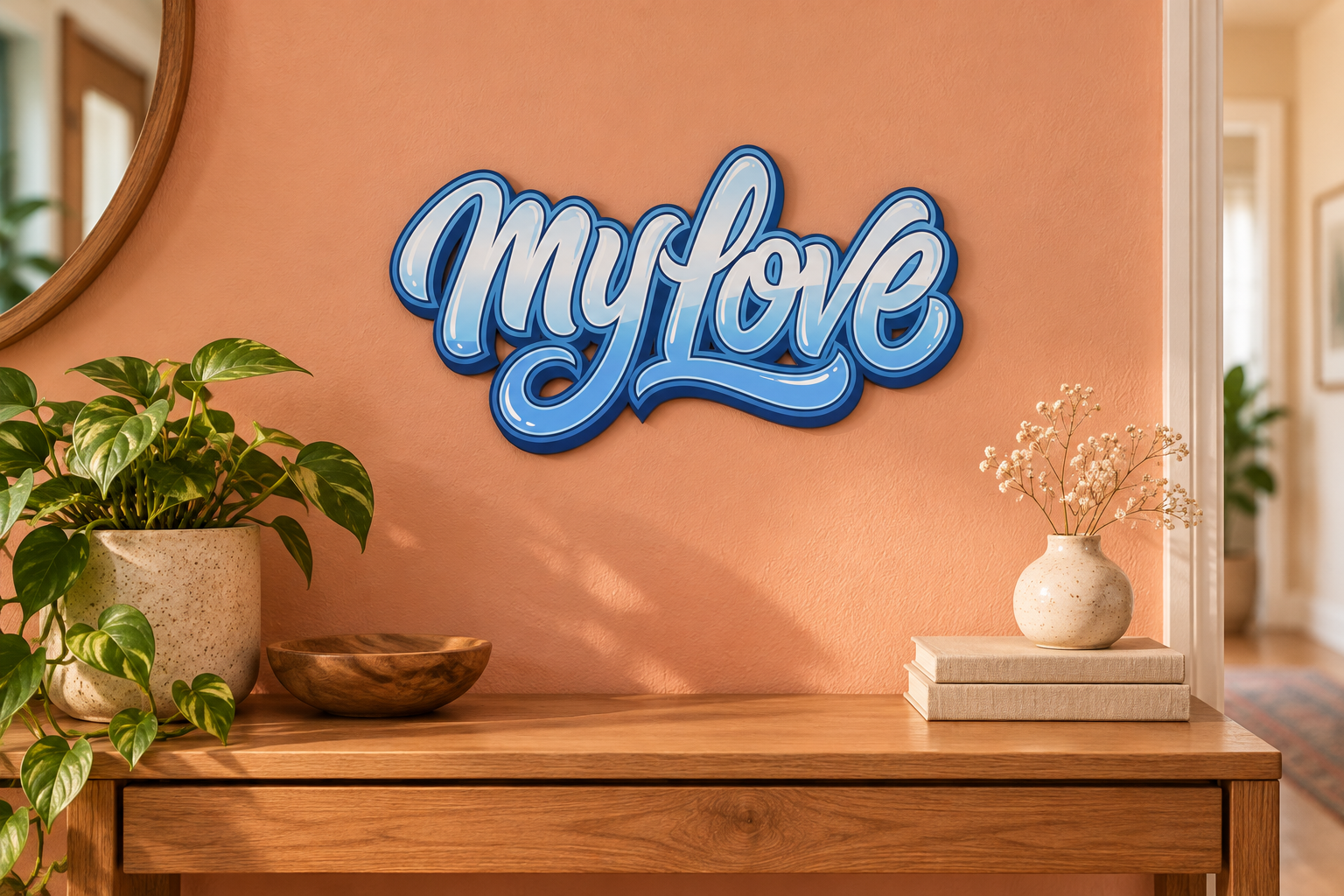 my-Love Konturschild in Flur: peach hallway with oak console, 300 × 161 mm, dibond