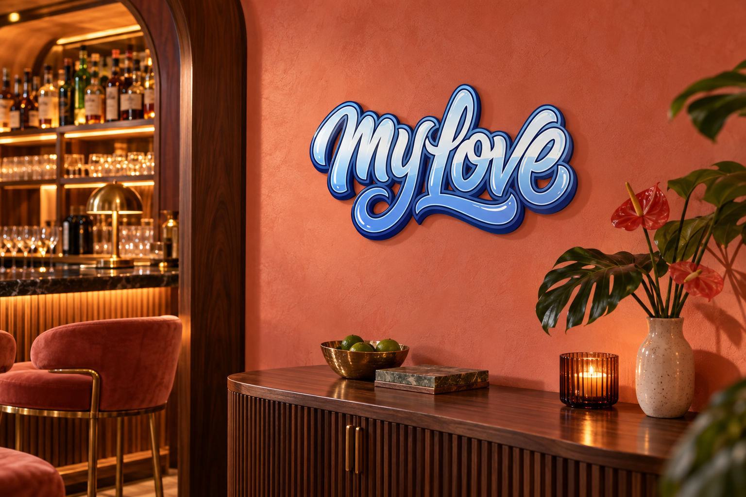 my-Love Konturschild in Bar: intimate coral cocktail bar with curved walnut cabinet, 500 × 268 mm, acryl