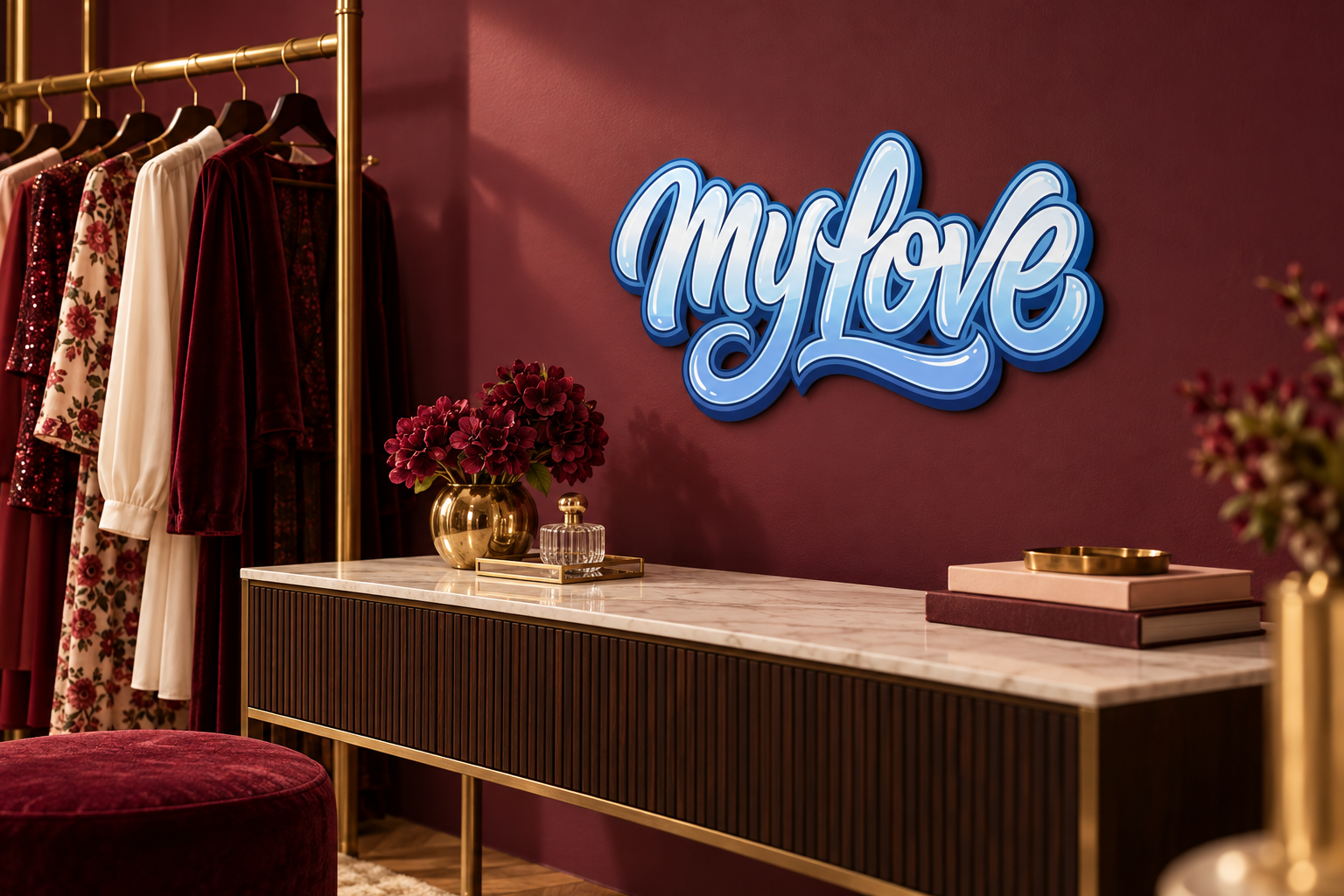 my-Love Konturschild in Boutique: chic burgundy boutique, brass clothes rail, 500 × 268 mm, dibond