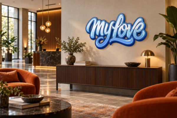 my-Love Konturschild in Empfangshalle: modern hotel lobby, burnt orange velvet seating, 900 × 482 mm, acryl
