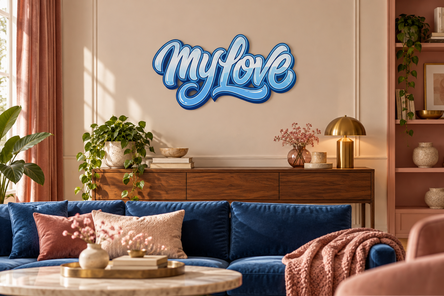 my-Love Konturschild in Wohnzimmer: warm ivory and dusty rose living room with blue velvet sofa, 900 × 482 mm, dibond