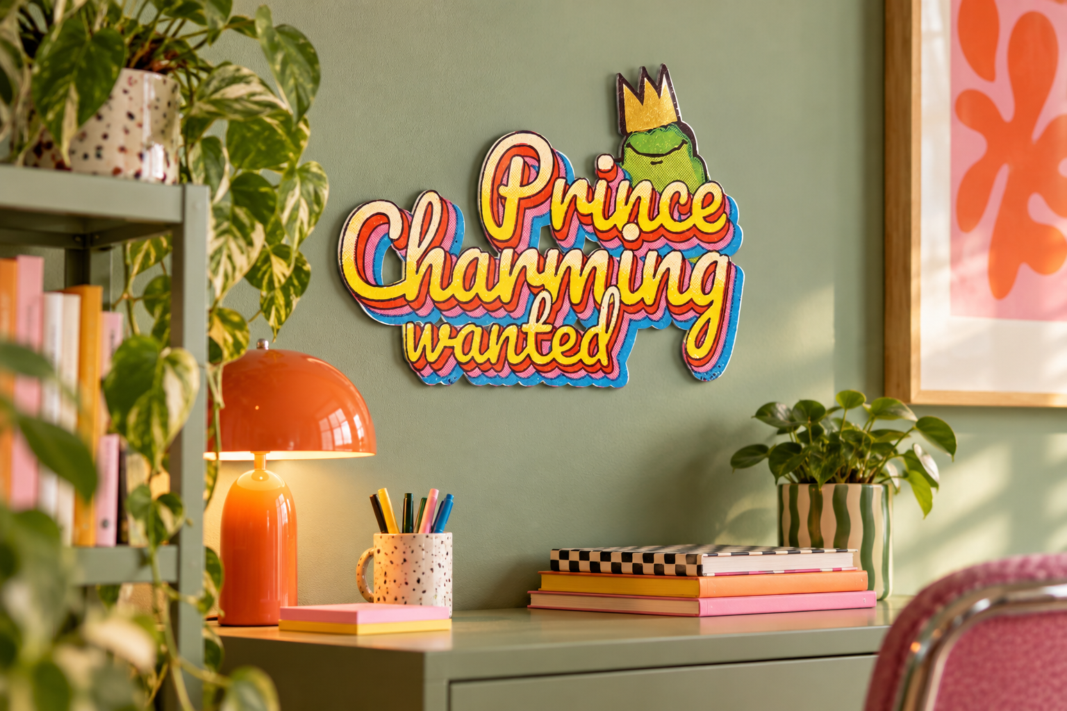 PrinceCharming Konturschild in Büro: colourful creative office, sage green desk nook, 300 × 204 mm, acryl