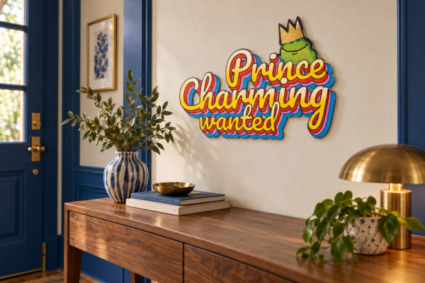PrinceCharming Konturschild in Flur: cobalt and cream entrance with walnut console, 500 × 340 mm, dibond