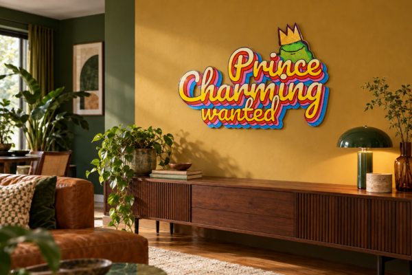 PrinceCharming Konturschild in Wohnzimmer: ochre and forest green living room, cognac sofa, 900 × 611 mm, acryl