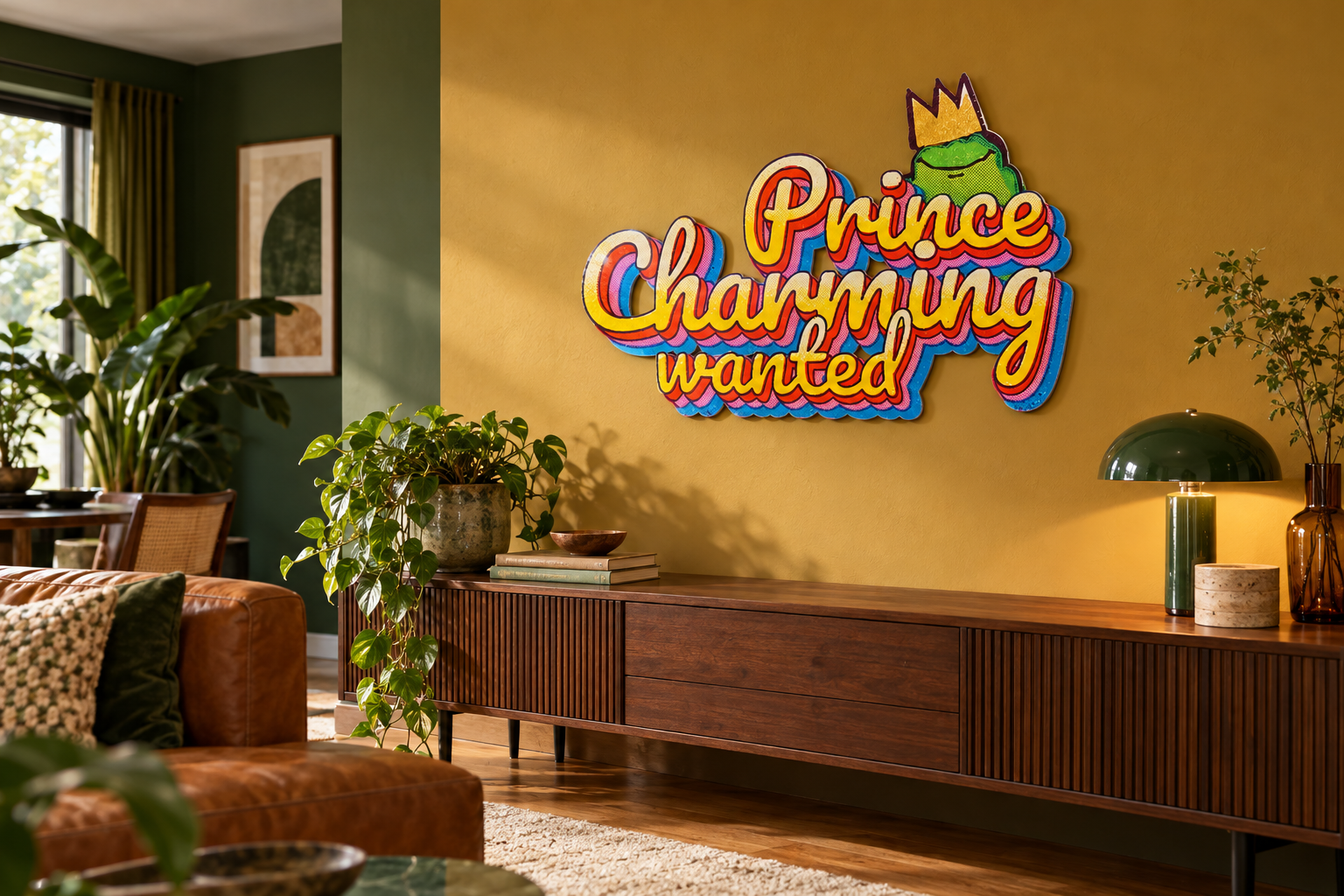 PrinceCharming Konturschild in Wohnzimmer: ochre and forest green living room, cognac sofa, 900 × 611 mm, acryl