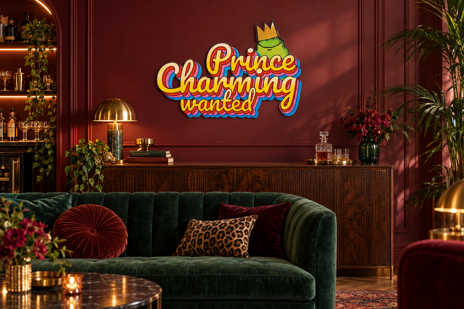 PrinceCharming Konturschild in Bar: eclectic burgundy cocktail lounge, forest green sofa, 900 × 611 mm, dibond
