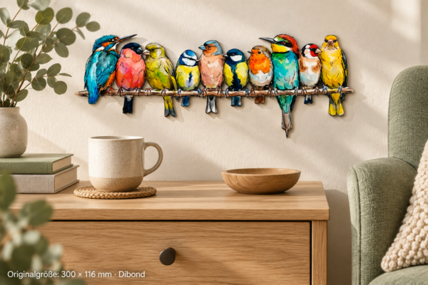 Singvögel als Dibond-Konturschild, 300 × 116 mm, im Raum