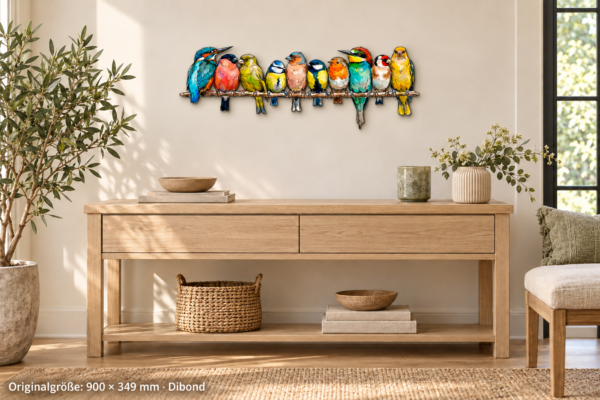 Singvögel als Dibond-Konturschild, 900 × 349 mm, im Raum