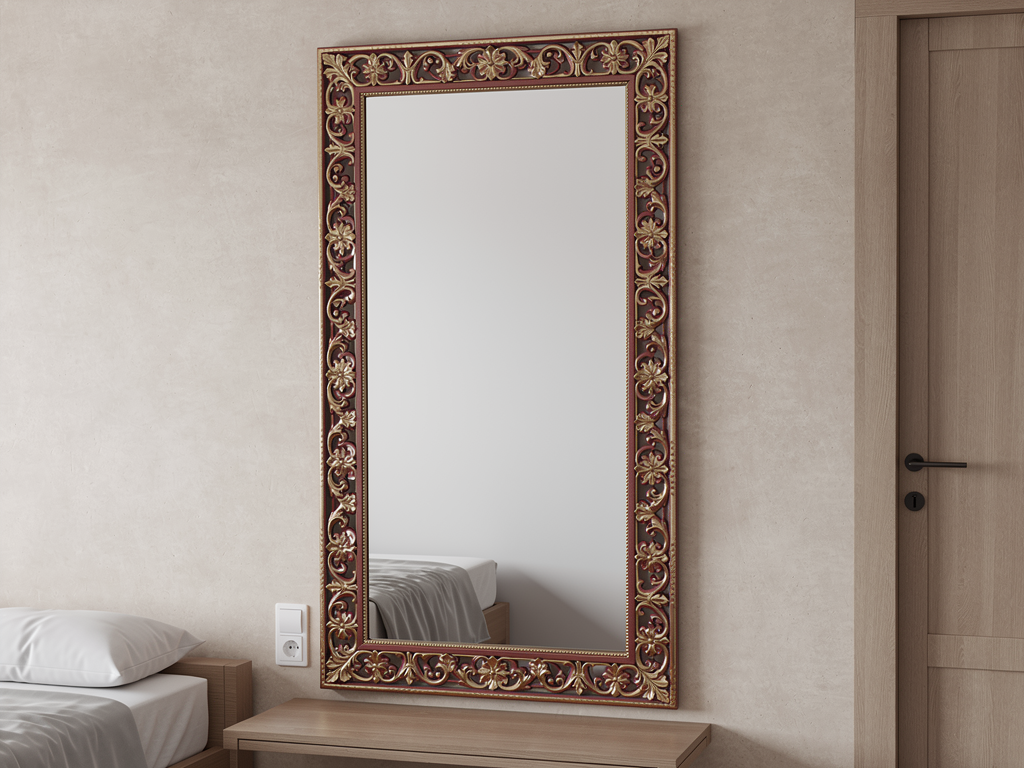 Toskana2 als realistischer, wandmontierter Spiegel im Schlafzimmer, 900 × 1800 mm.