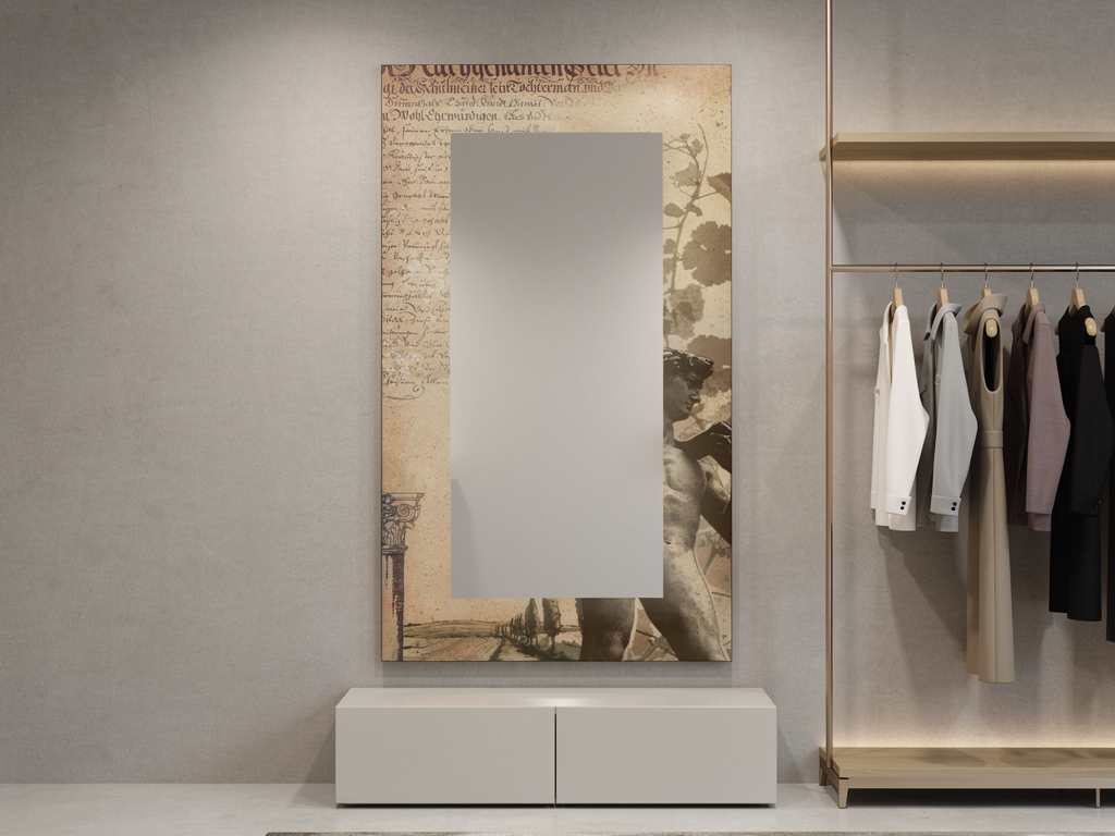 Toskana2 als realistischer, wandmontierter Spiegel in Boutique, 900 × 1800 mm.