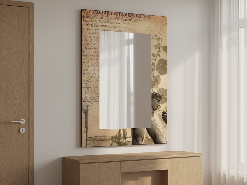 Toskana2 als realistischer, wandmontierter Spiegel im Flur, 500 × 1000 mm.