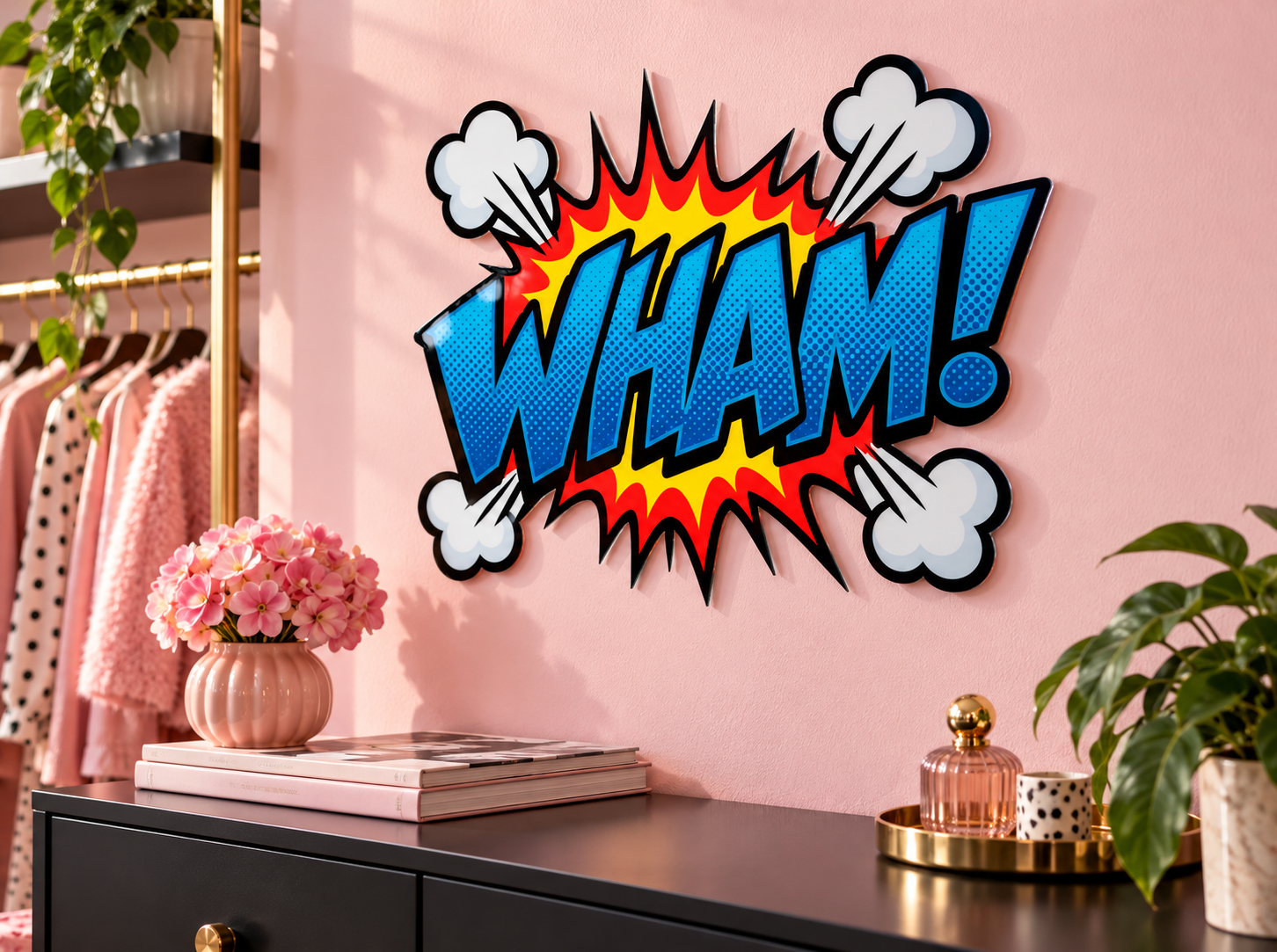 WHAM! Konturwandbild als Konturwandbild in Boutique: pale pink designer boutique with black compact cabinet