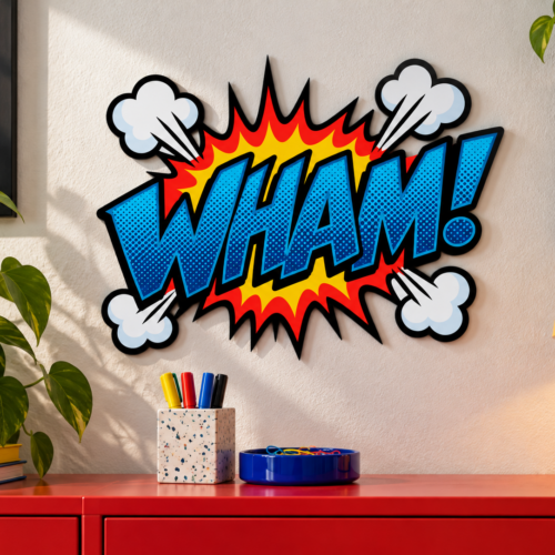 WHAM! Konturwandbild als Konturwandbild in Büro: colourful creative agency nook, red storage cabinet