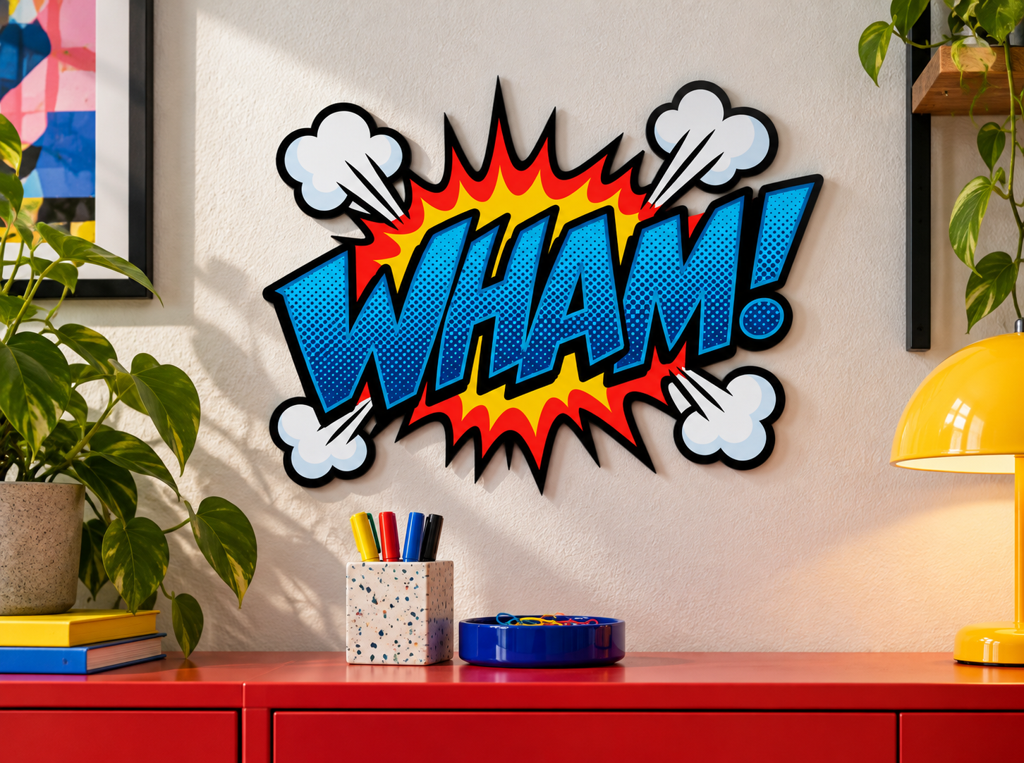 WHAM! Konturwandbild als Konturwandbild in Büro: colourful creative agency nook, red storage cabinet
