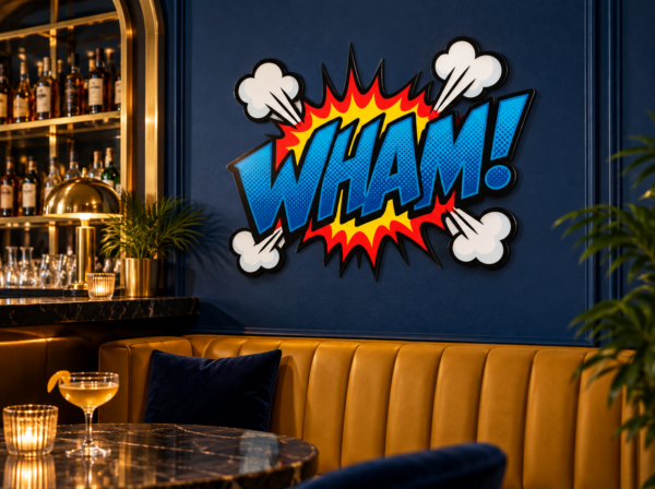 WHAM! Konturwandbild als Konturwandbild in Bar: deep navy lively cocktail bar, mustard booth