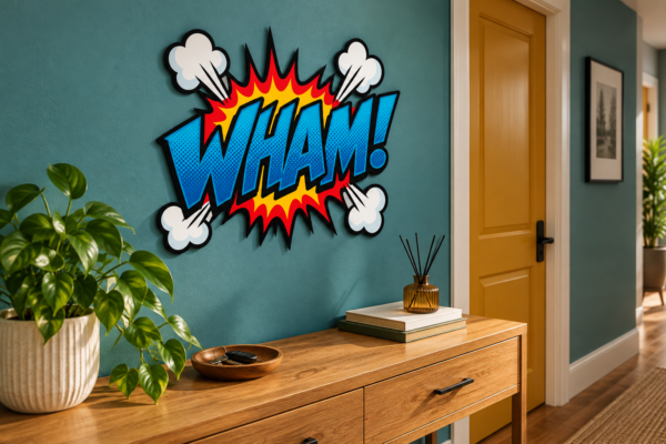 WHAM! Konturwandbild als Konturwandbild in Flur: teal hallway, oak console and ochre door