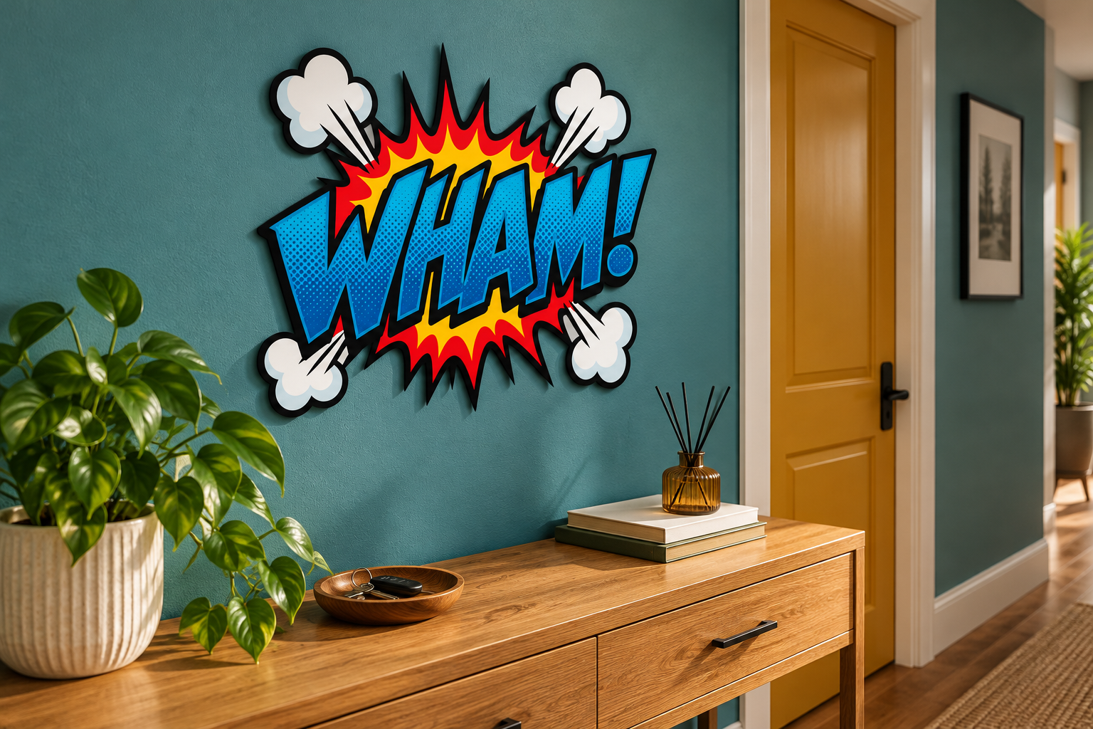 WHAM! Konturwandbild als Konturwandbild in Flur: teal hallway, oak console and ochre door