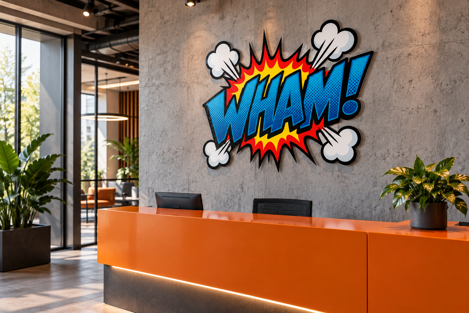 WHAM! Konturwandbild als Konturwandbild in Empfangshalle: modern agency reception, grey concrete and orange desk