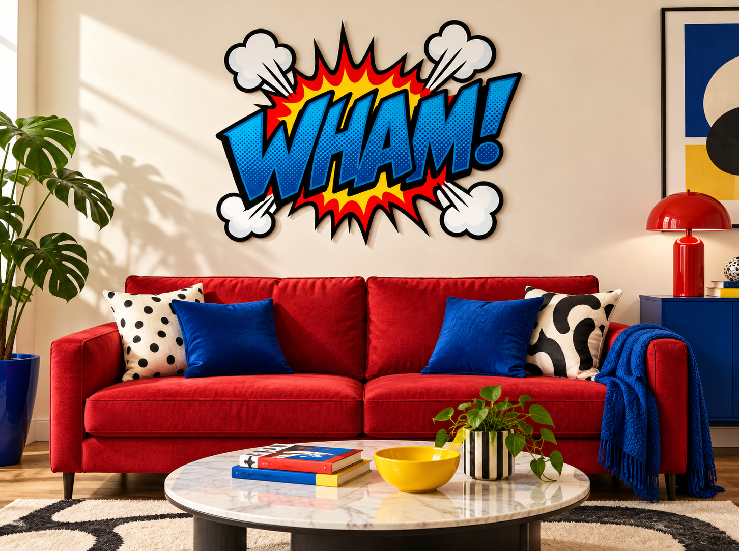 WHAM! Konturwandbild als Konturwandbild in Wohnzimmer: ivory and cobalt pop-art living room, red sofa