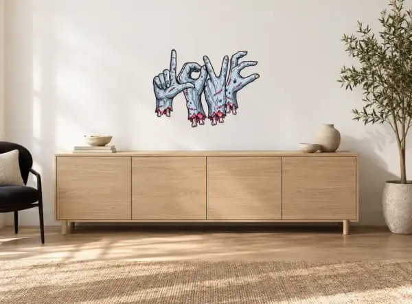 Zombie-Love Konturschild, 900 × 655 mm, Dibond, frontal im Raum