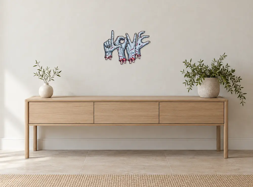 Zombie Love Kontur Konturschild, 300 × 218 mm, Dibond, frontal im Raum