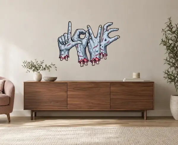 Zombie Love Kontur Konturschild, 900 × 655 mm, Dibond, frontal im Raum