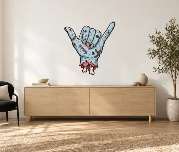 Zombiehand Konturschild, 1000 × 1027 mm, Acryl, frontal im Raum