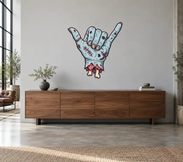 Zombiehand Konturschild, 1000 × 1027 mm, Dibond, frontal im Raum