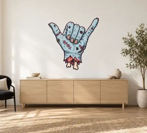 Zombiehand Konturschild, 1200 × 1232 mm, Acryl, frontal im Raum