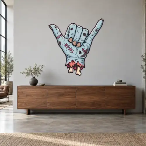 Zombiehand Konturschild, 1200 × 1232 mm, Dibond, frontal im Raum