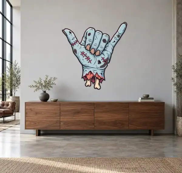 Zombiehand Konturschild, 1200 × 1232 mm, Dibond, frontal im Raum