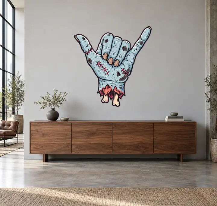 Zombiehand Konturschild, 1200 × 1232 mm, Dibond, frontal im Raum