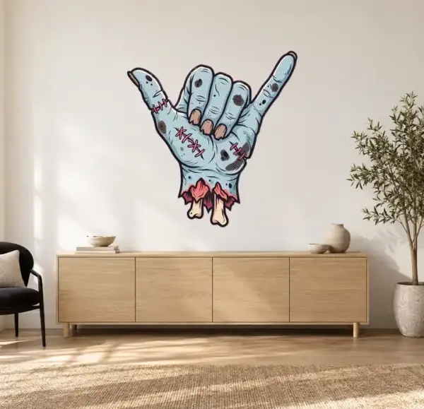 Zombiehand Konturschild, 1400 × 1437 mm, Acryl, frontal im Raum