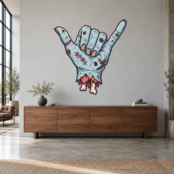 Zombiehand Konturschild, 1400 × 1437 mm, Dibond, frontal im Raum