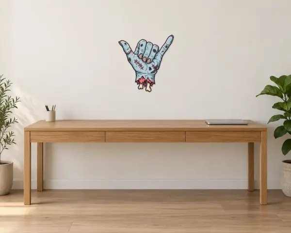 Zombiehand Konturschild, 400 × 411 mm, Dibond, frontal im Raum